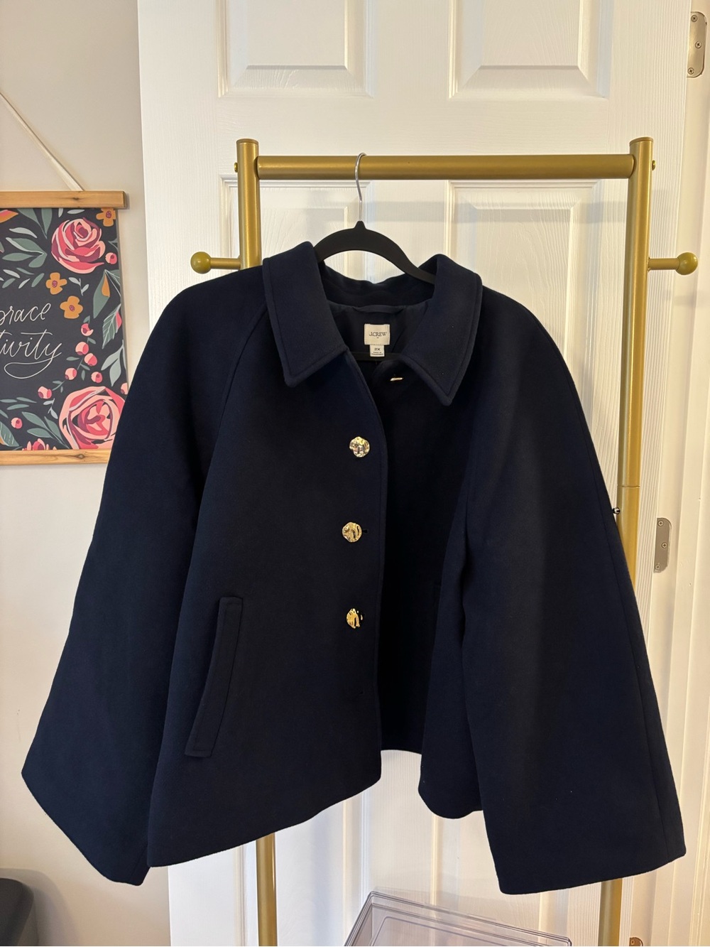 J. Crew Navy Wool-Blend Cropped Pea Coat with Gold Buttons - Picture 4 of 6